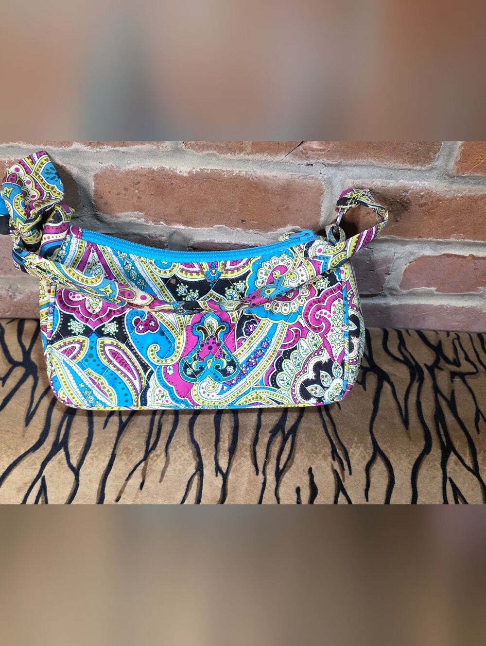 Vera Bradley Quilted Cotton Paisley Shoulder Bag Purse - Pink, Turquoise & Lime